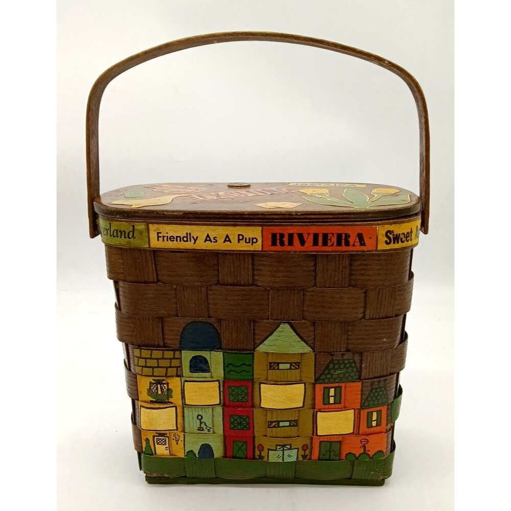 Vtg 1968 Caro-Nan Basket Penny Purse Folk Art European Travel Signed